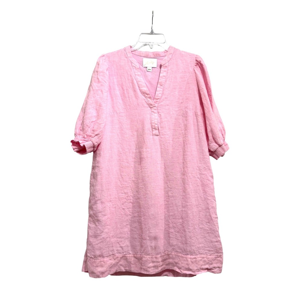 Lilly Pulitzer Pink 100% Linen V-Neck Puff Sleeve Shift Dress Size 10 016977
